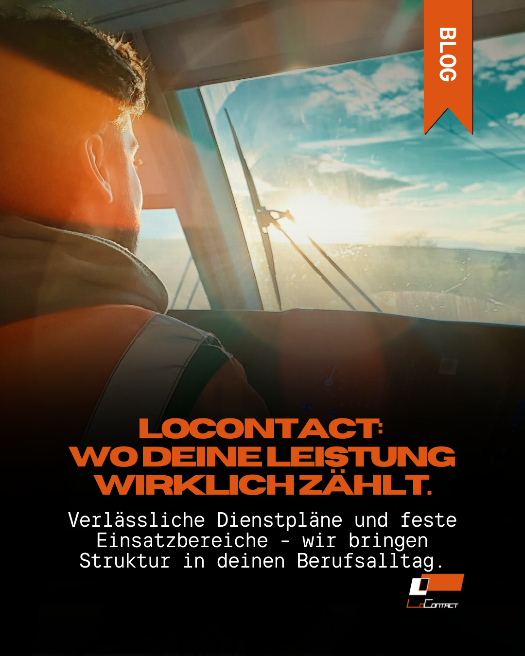 Das Bild zeigt einen Lokführer im Führerstand, der auf einen Sonnenuntergnag zufährt, symbolisch für: Arbeiten bei LoContact Was dich als Lokführer im Güterverkehr konkret erwartet